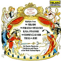 Přední strana obalu CD Gilbert & Sullivan: Highlights from The Mikado, The Pirates of Penzance, H.M.S Pinafore, The Yeomen of the Guard and Trial by Jury