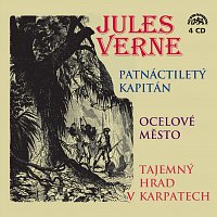 Přední strana obalu CD Verne: Patnáctiletý kapitán, Ocelové město, Tajemný hrad v Karpatech